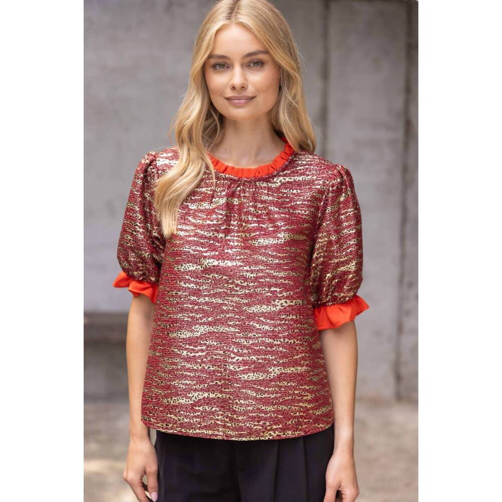 NEW VOY ruffle detail metallic animal print textured top in burgundy